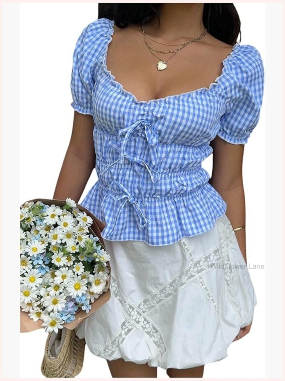 Cute Bowknot Gingham Peplum Top Puff Sleeve Frill Trim Y2k Going Out Top